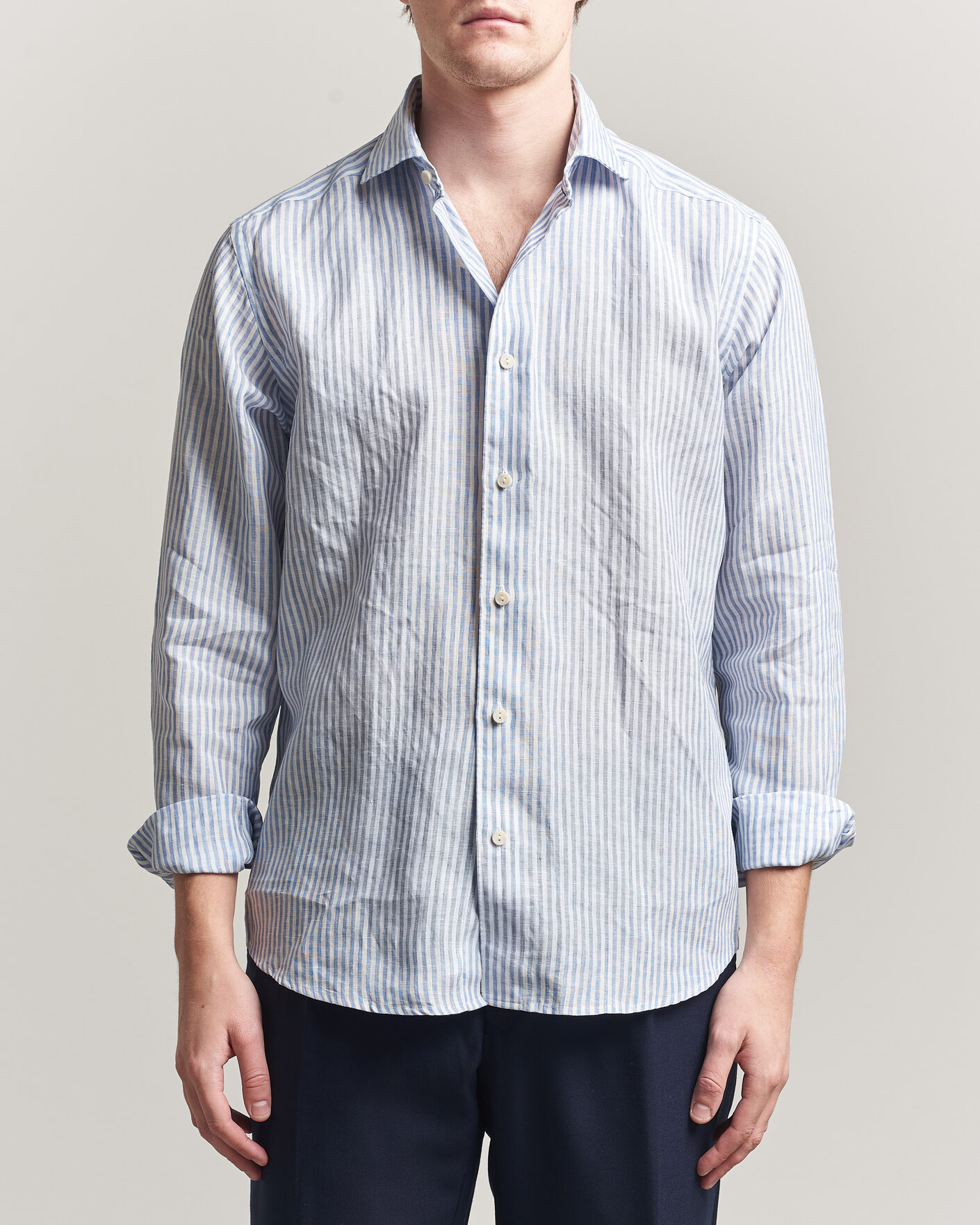 Mies | Kauluspaidat | Eton | Casual Fit Striped Linen Shirt Light Blue