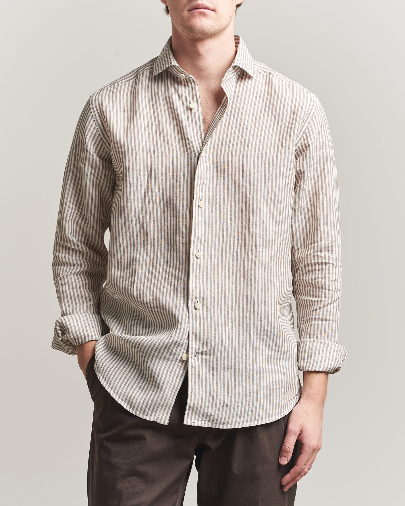 Mies | Kauluspaidat | Eton | Casual Fit Striped Linen Shirt Beige
