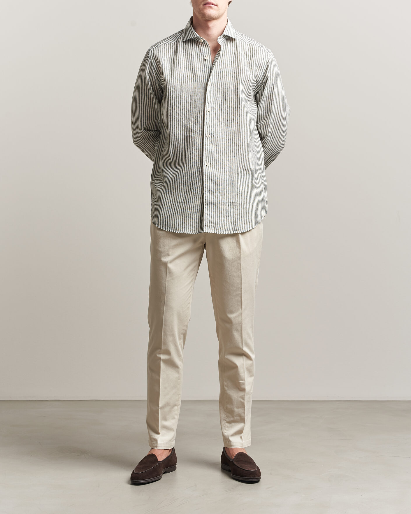 Mies | Kauluspaidat | Eton | Casual Fit Striped Linen Shirt Dark Green