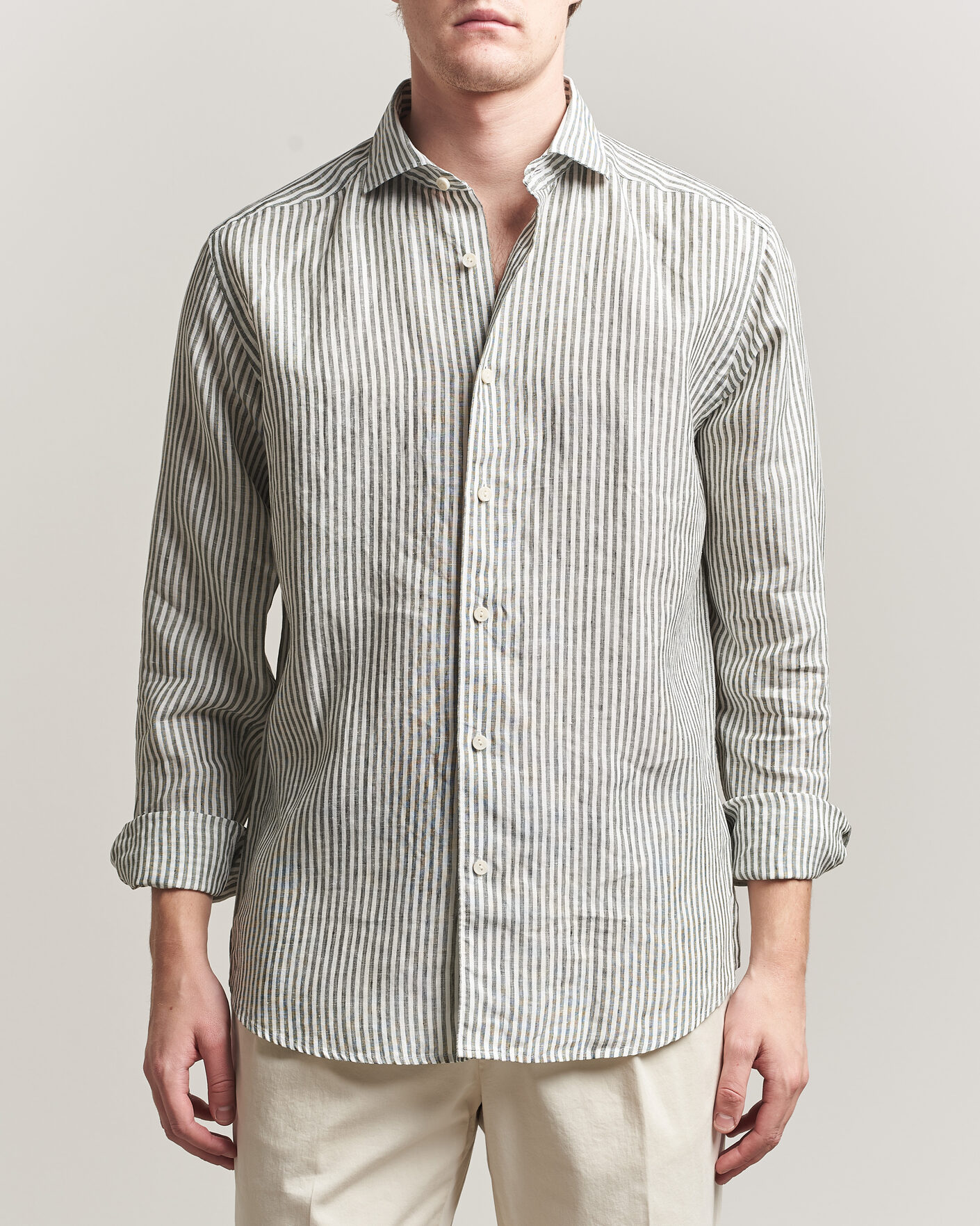 Mies | Kauluspaidat | Eton | Casual Fit Striped Linen Shirt Dark Green