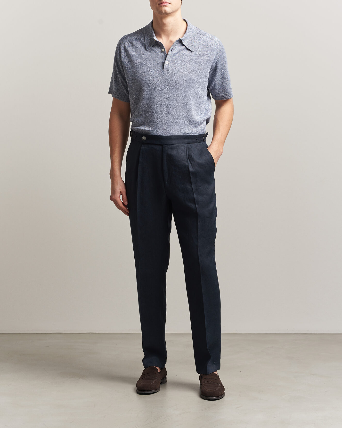 Mies | Pikeet | Eton | Cotton Linen Fine Knit Polo Blue