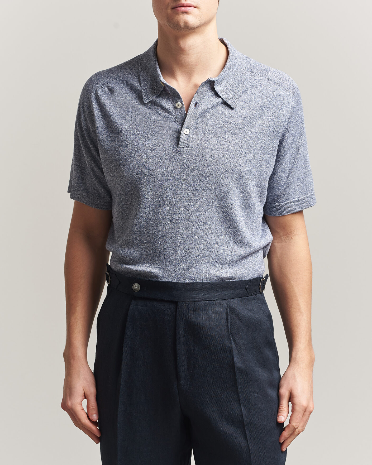 Mies | Pikeet | Eton | Cotton Linen Fine Knit Polo Blue