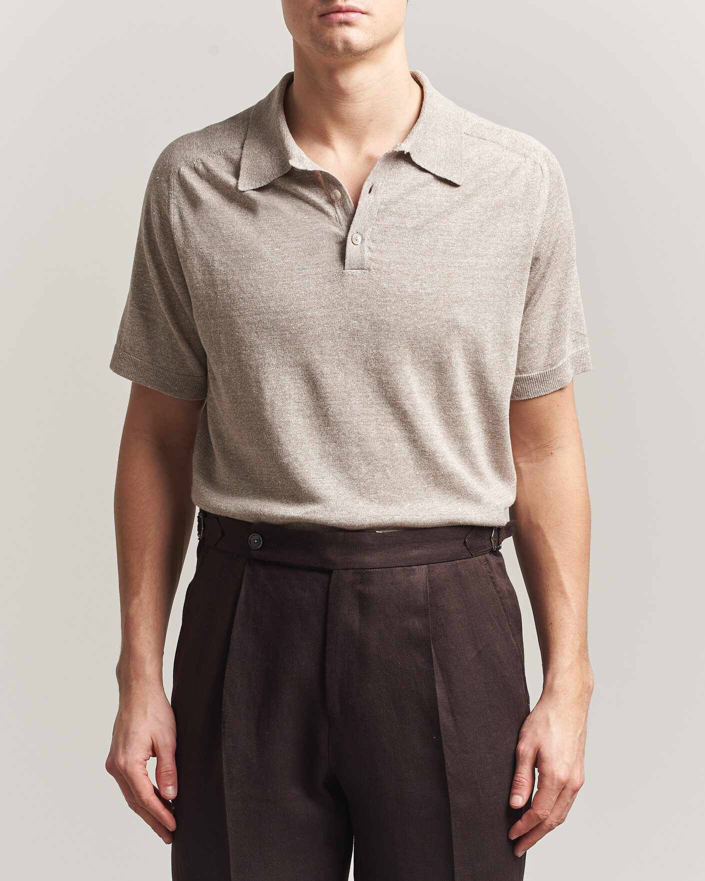 Mies | Pikeet | Eton | Cotton Linen Fine Knit Polo Beige