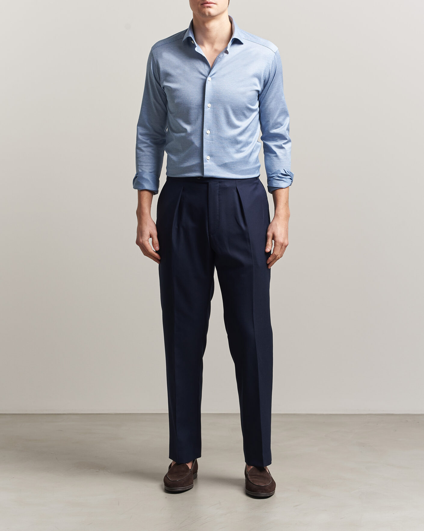 Mies | Kauluspaidat | Eton | Filo di Scozia Knitted Shirt Light Blue