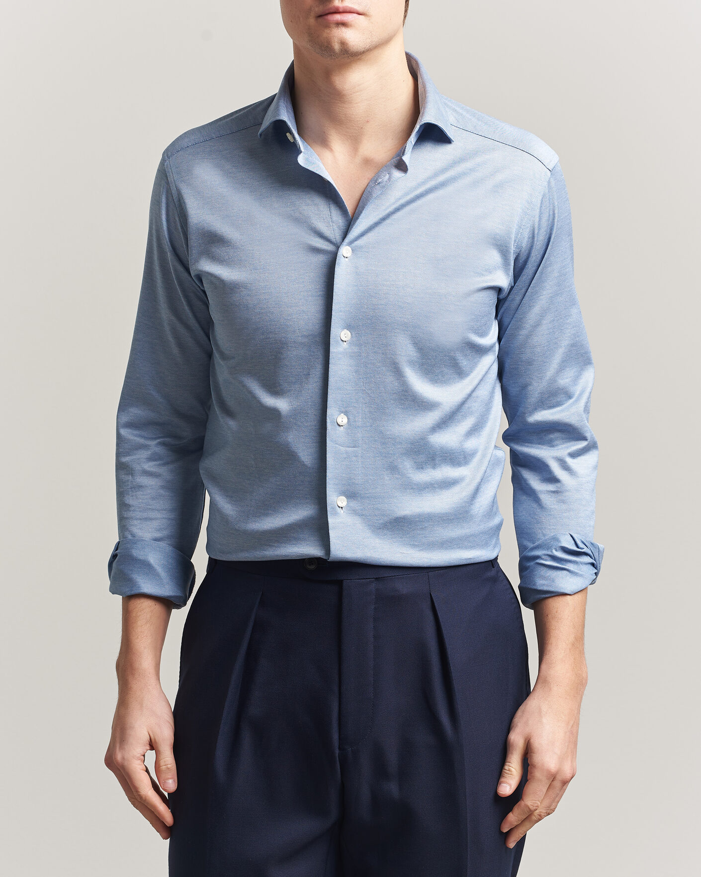 Mies | Kauluspaidat | Eton | Filo di Scozia Knitted Shirt Light Blue