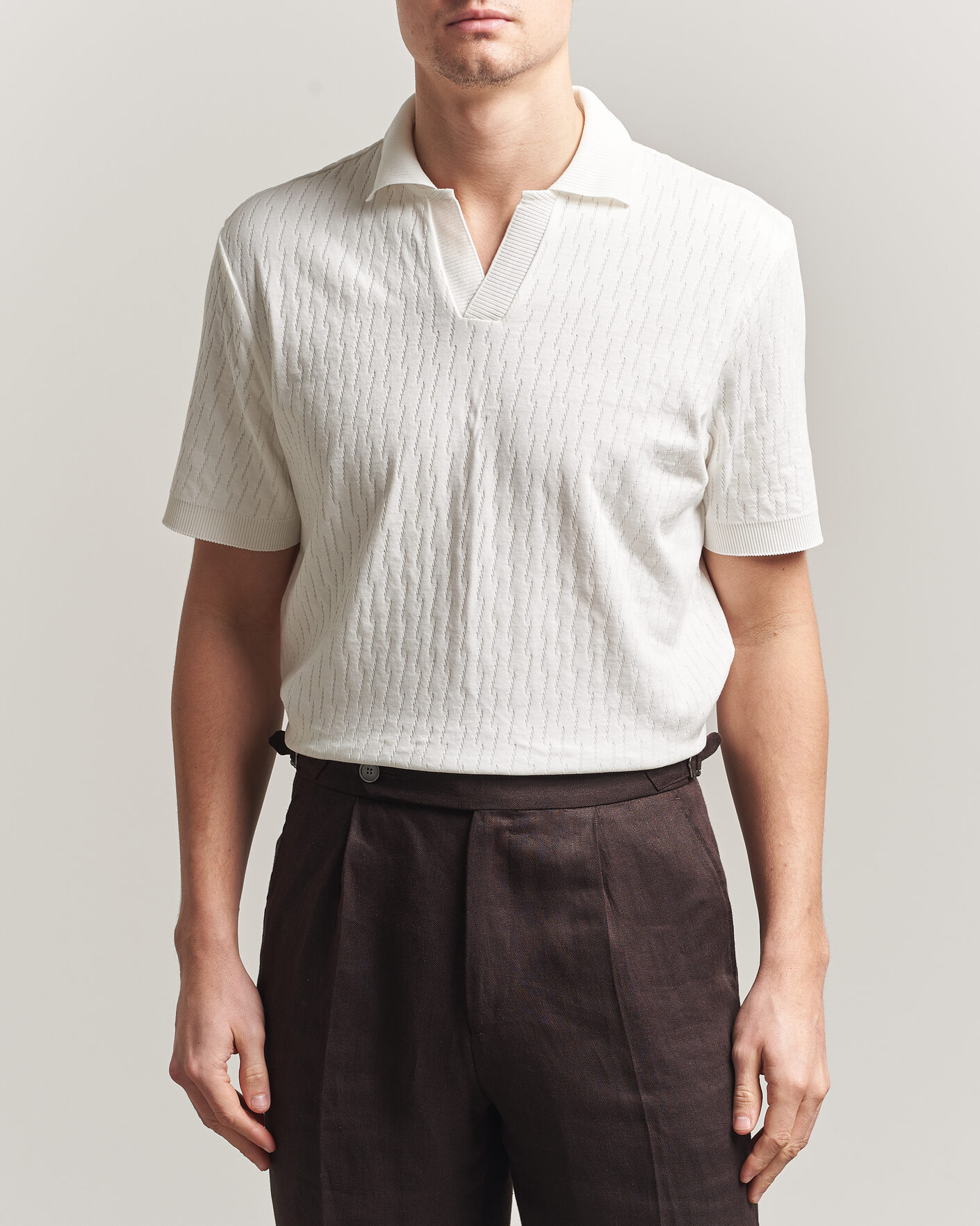 Mies | Pikeet | Eton | Open Collar Jacquard Polo Off White