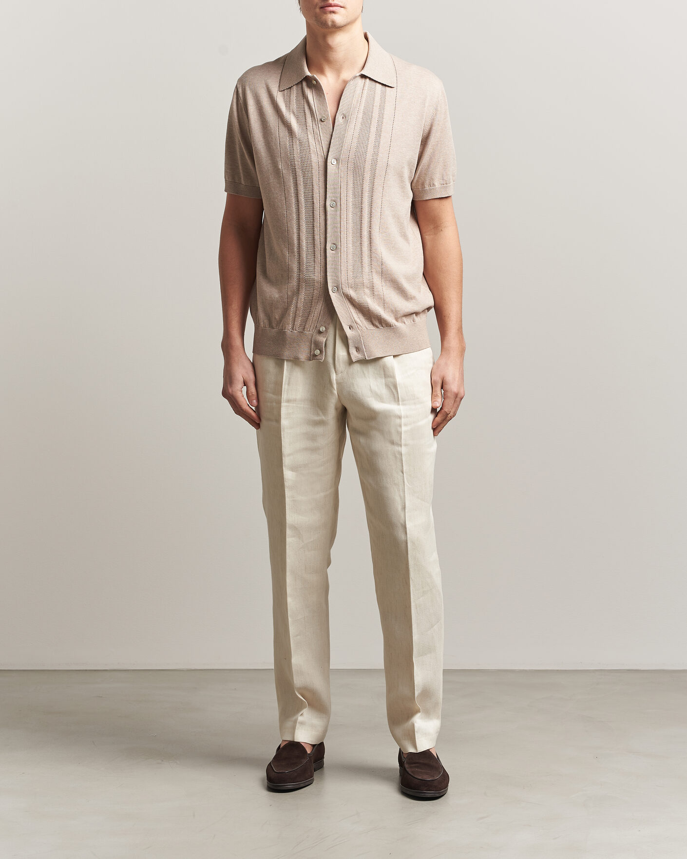 Mies | Kauluspaidat | Eton | Cotton Structured Knitted Short Sleeve Shirt Beige