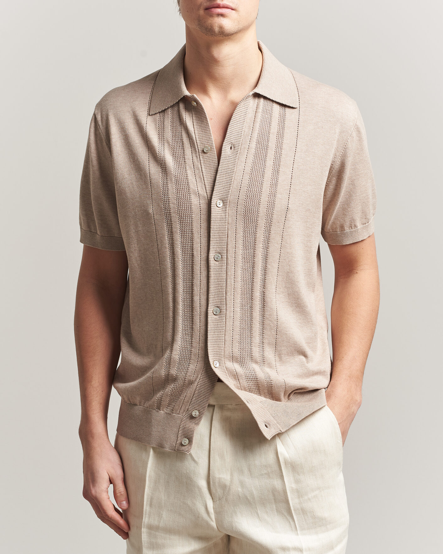 Mies | Kauluspaidat | Eton | Cotton Structured Knitted Short Sleeve Shirt Beige