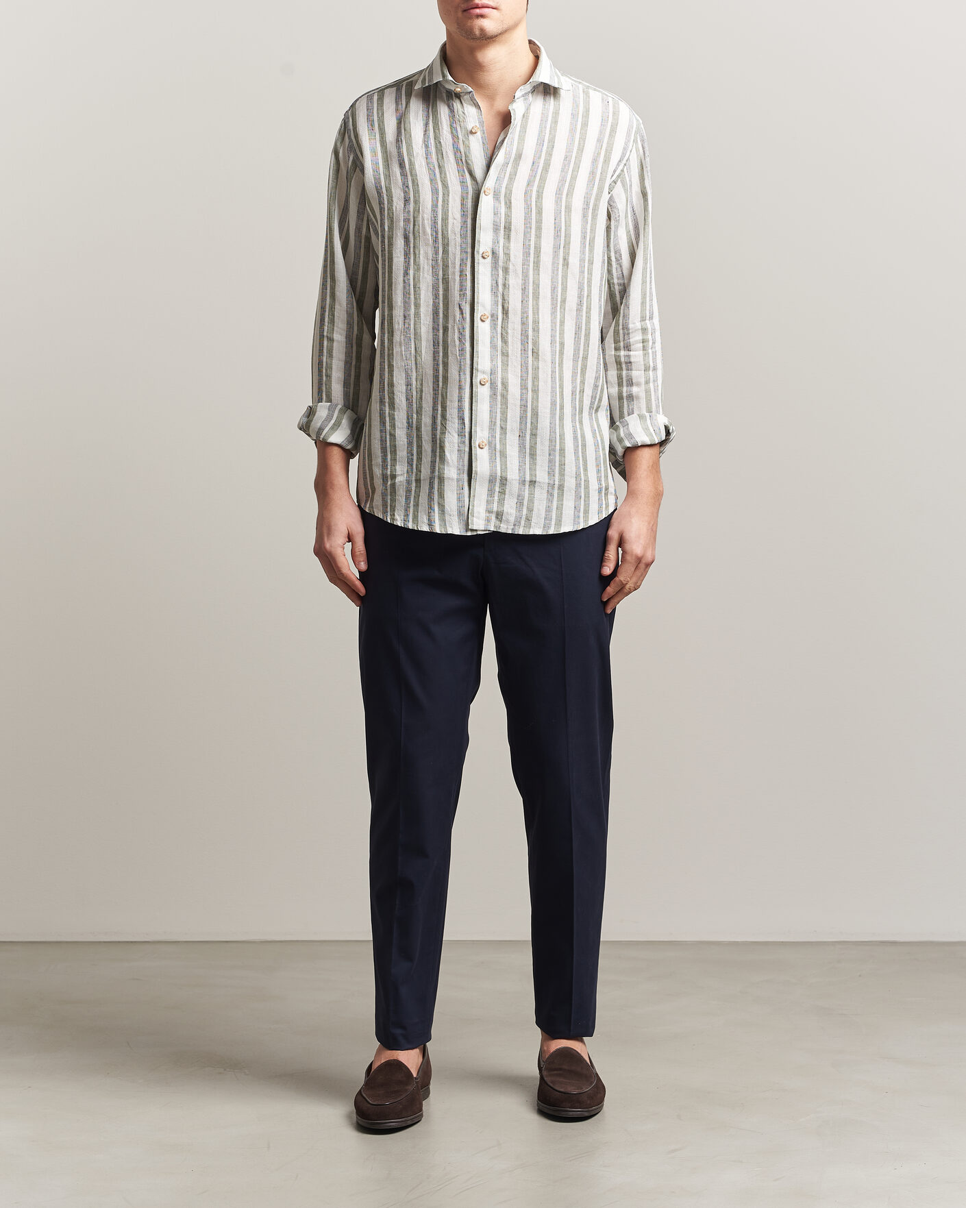 Mies | Kauluspaidat | Eton | Casual Fit Striped Linen Shirt Dark Green