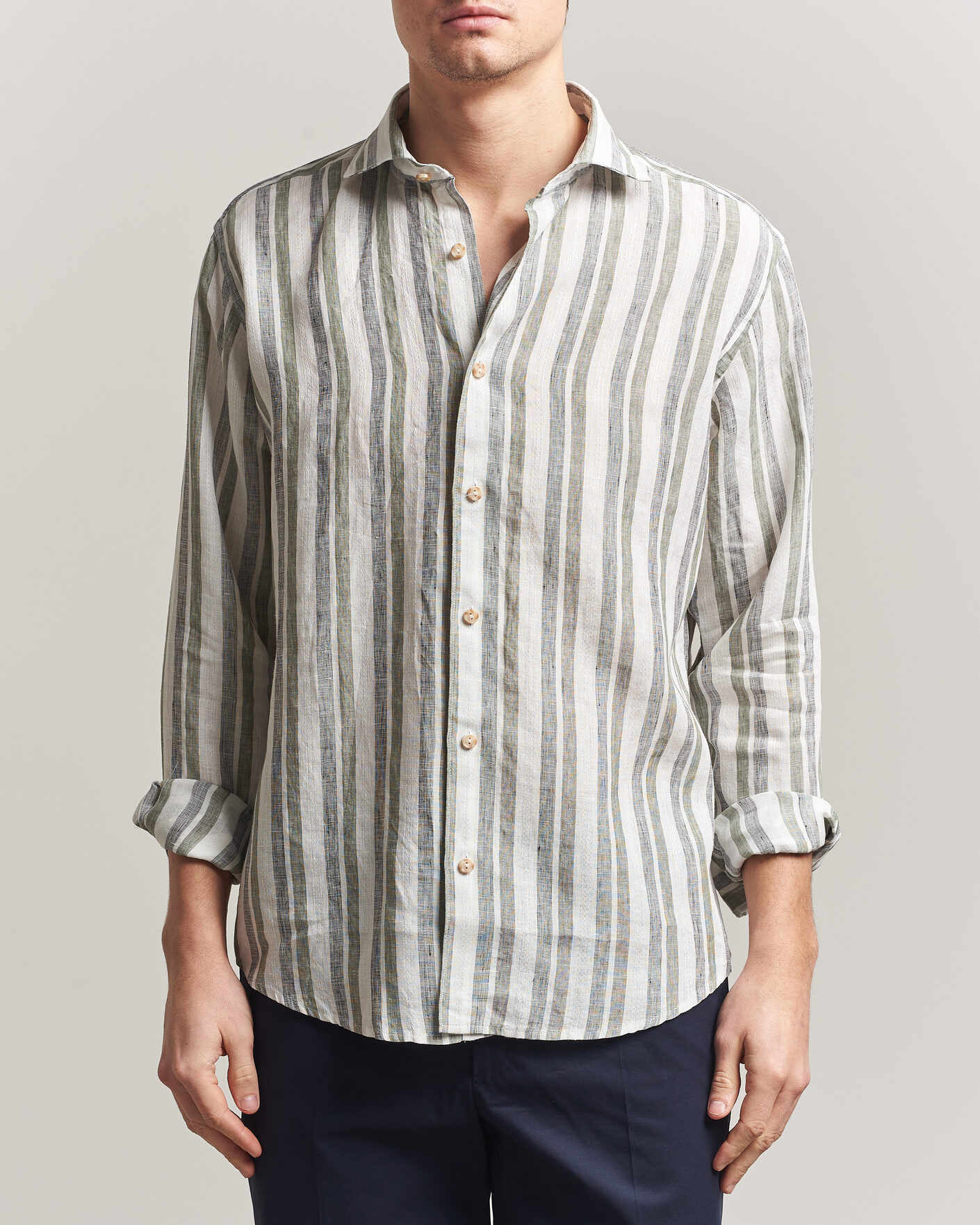 Mies | Kauluspaidat | Eton | Casual Fit Striped Linen Shirt Dark Green
