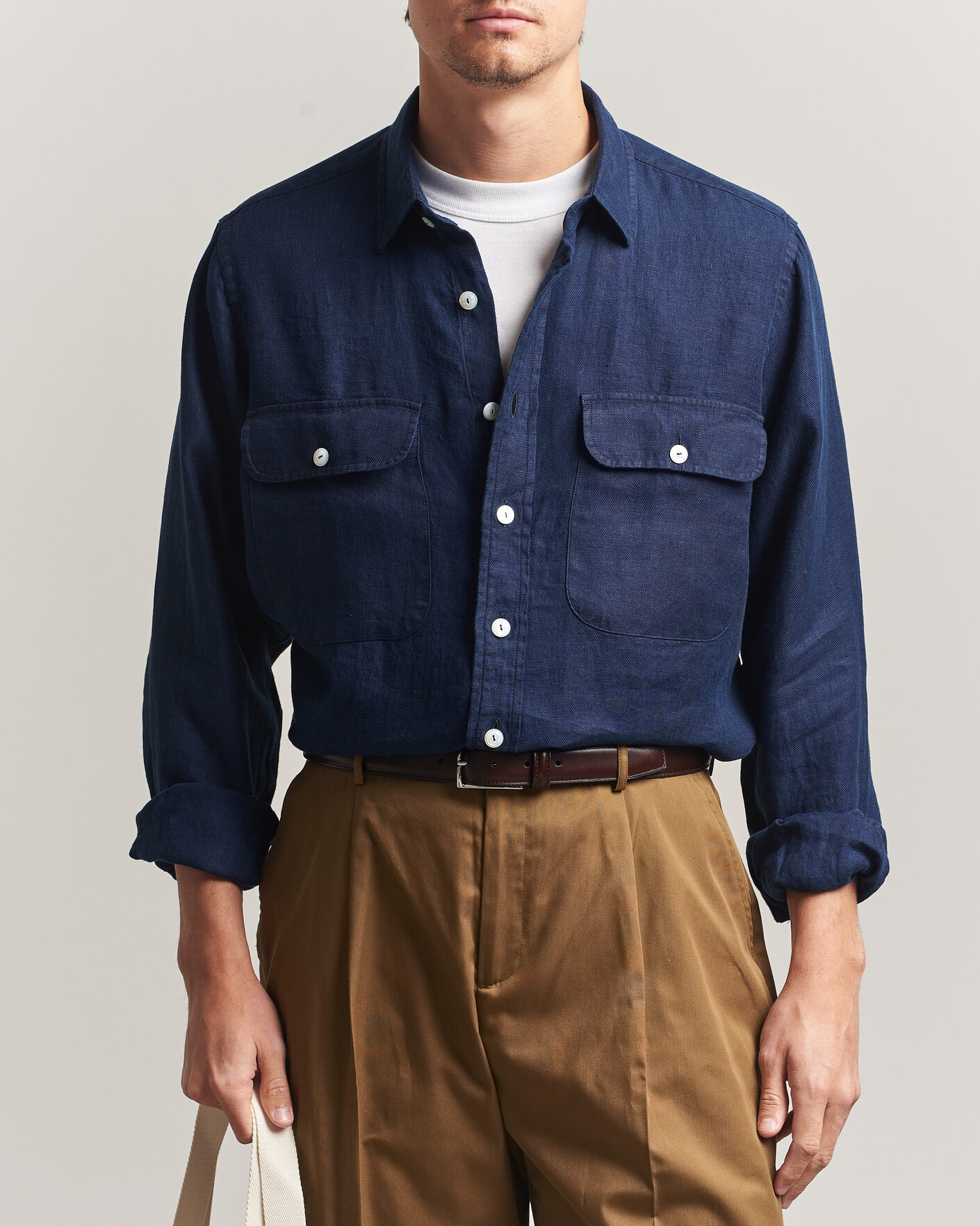 Mies | Kauluspaidat | Drake's | Linen Twill Deep Pocket Work Shirt Navy