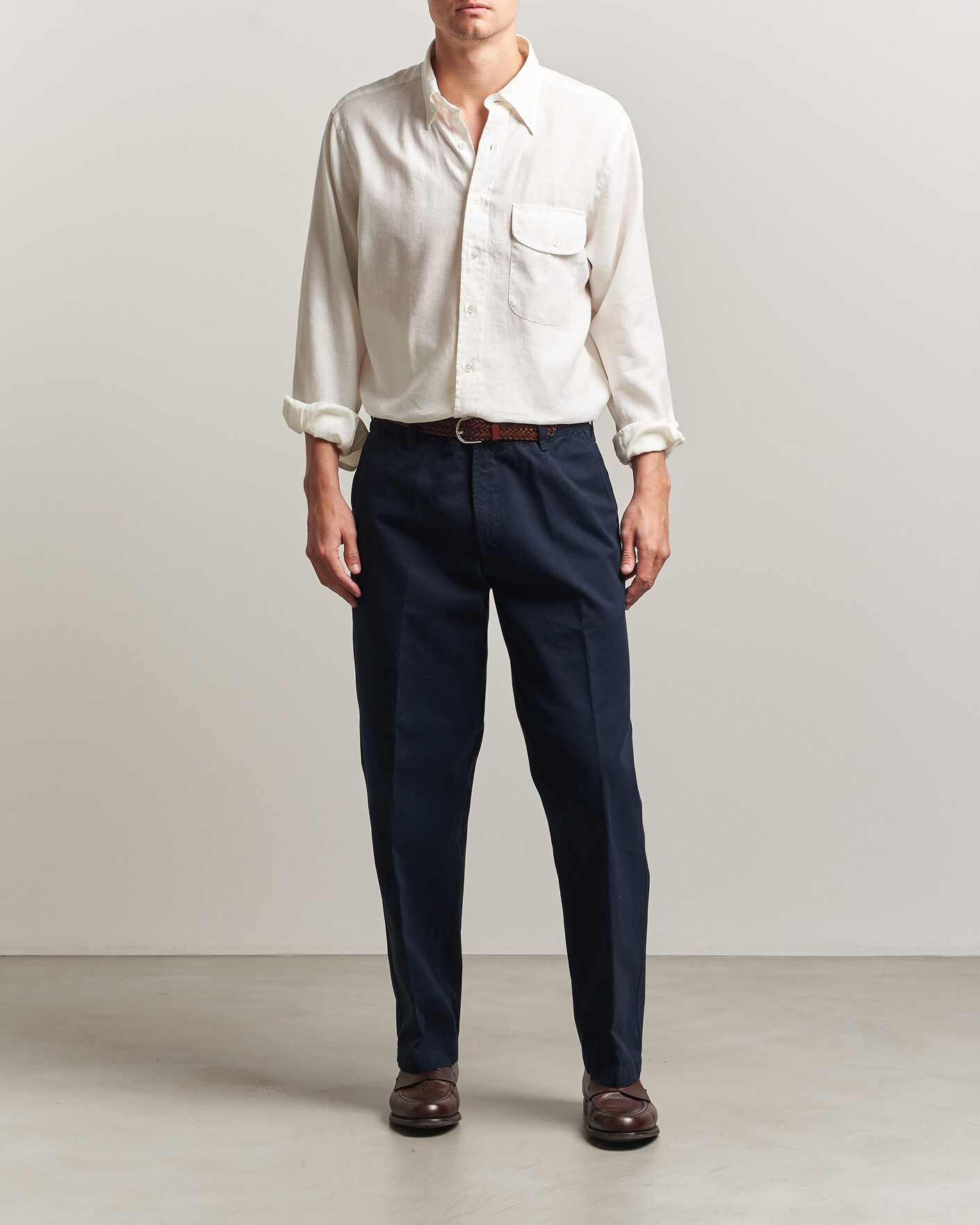 Mies | Kauluspaidat | Drake's | Linen Button Down Curved Pocket Shirt White