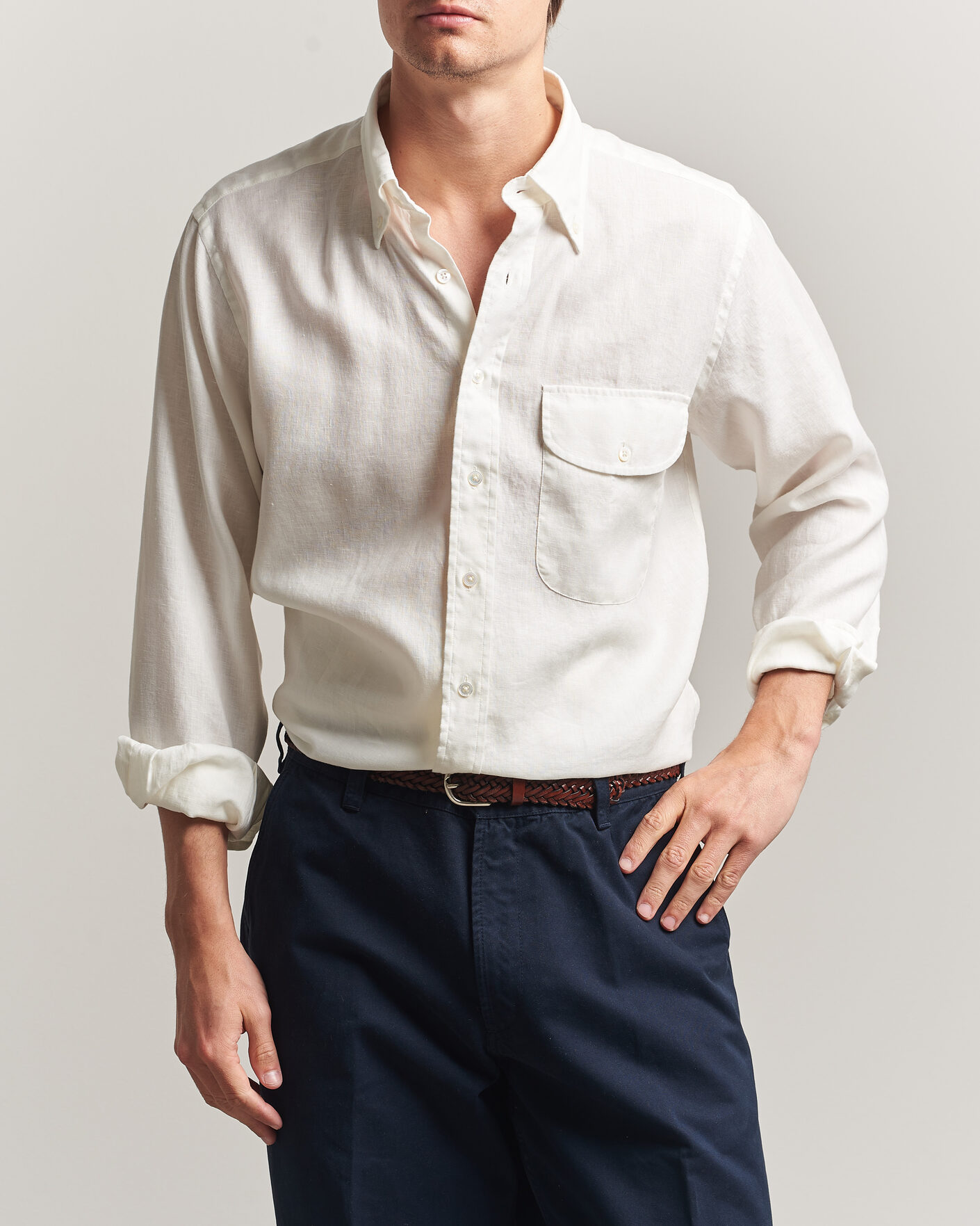 Mies | Kauluspaidat | Drake's | Linen Button Down Curved Pocket Shirt White