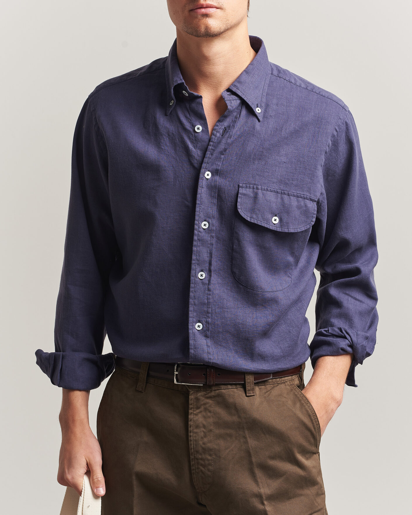 Mies | Kauluspaidat | Drake's | Linen Button Down Curved Pocket Shirt Navy
