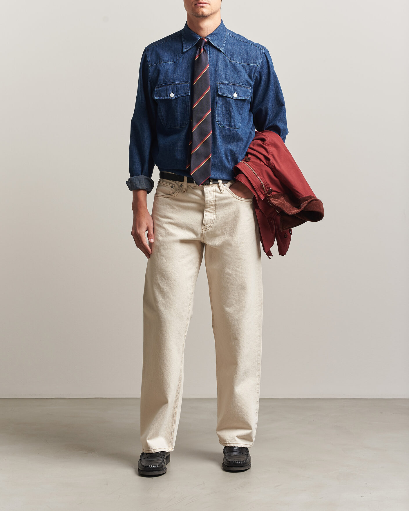 Mies | Kauluspaidat | Drake's | Light Denim Western Shirt Stone Wash