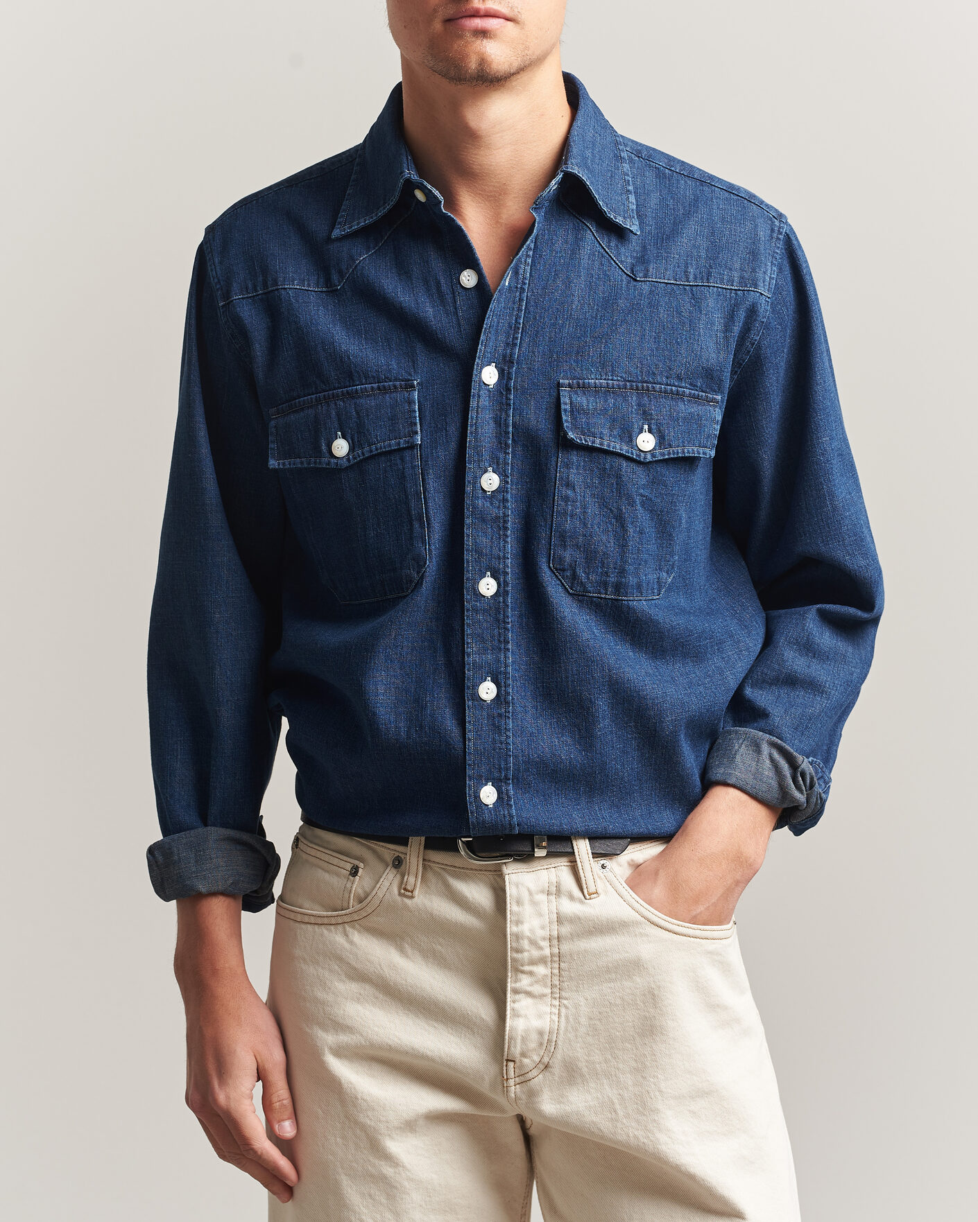 Mies | Kauluspaidat | Drake's | Light Denim Western Shirt Stone Wash