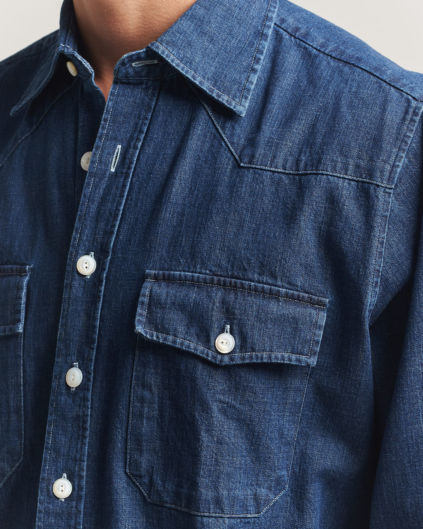 Mies | Kauluspaidat | Drake's | Light Denim Western Shirt Stone Wash