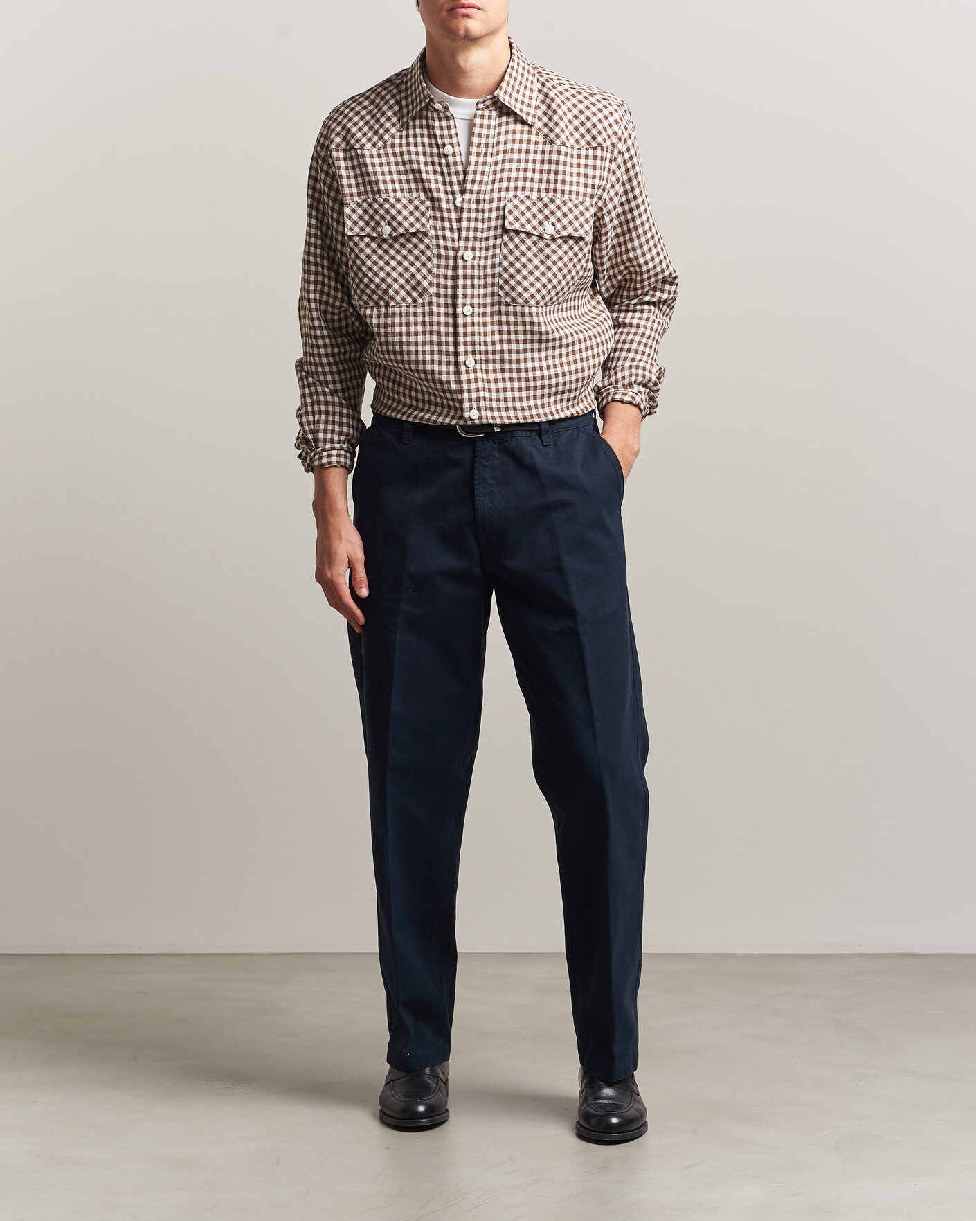 Mies | Kauluspaidat | Drake's | Linen Gingham Western Shirt Brown/White