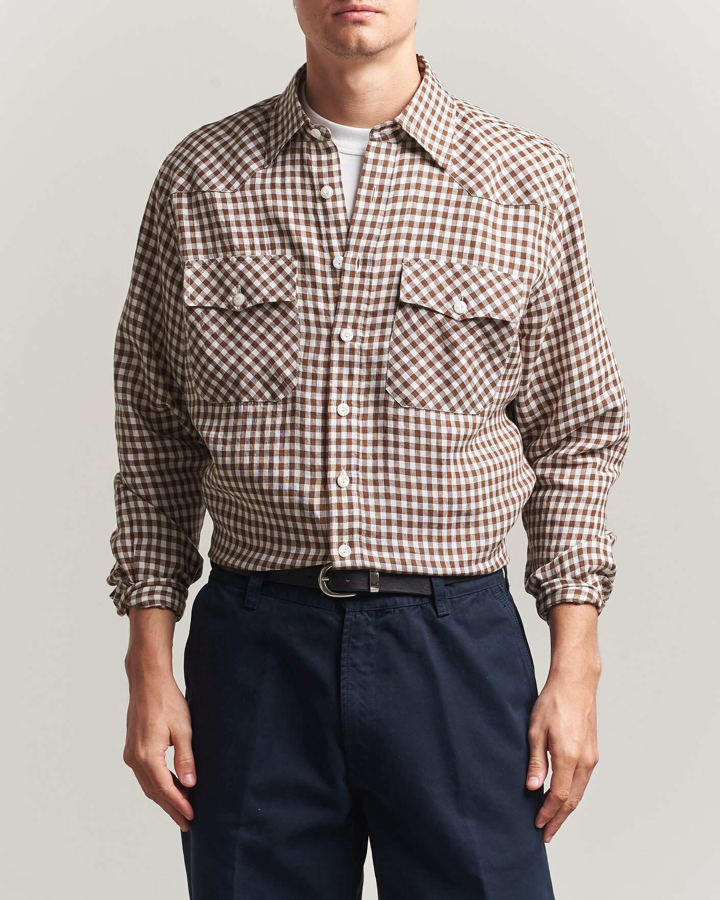 Mies | Kauluspaidat | Drake's | Linen Gingham Western Shirt Brown/White