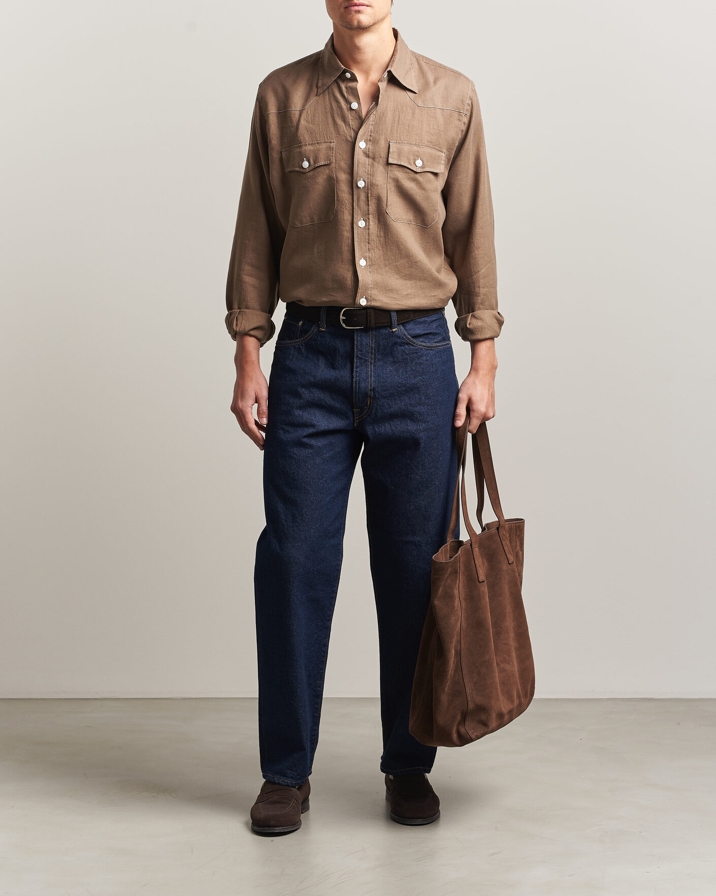 Mies | Kauluspaidat | Drake's | Solid Linen Western Shirt Brown