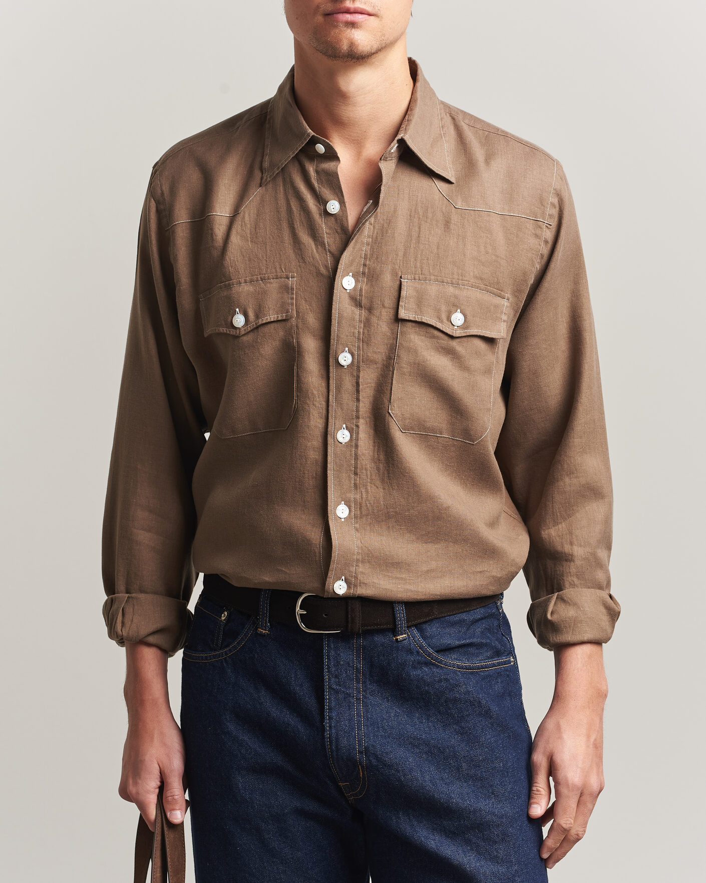 Mies | Kauluspaidat | Drake's | Solid Linen Western Shirt Brown