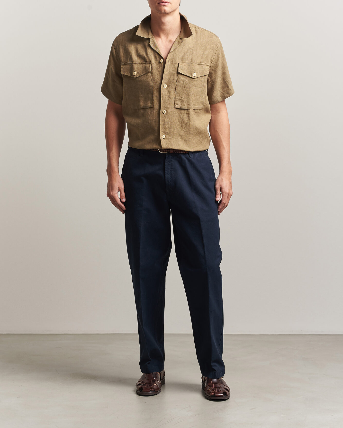 Mies | Kauluspaidat | Drake's | Military Short Sleeve Camp Collar Shirt Khaki