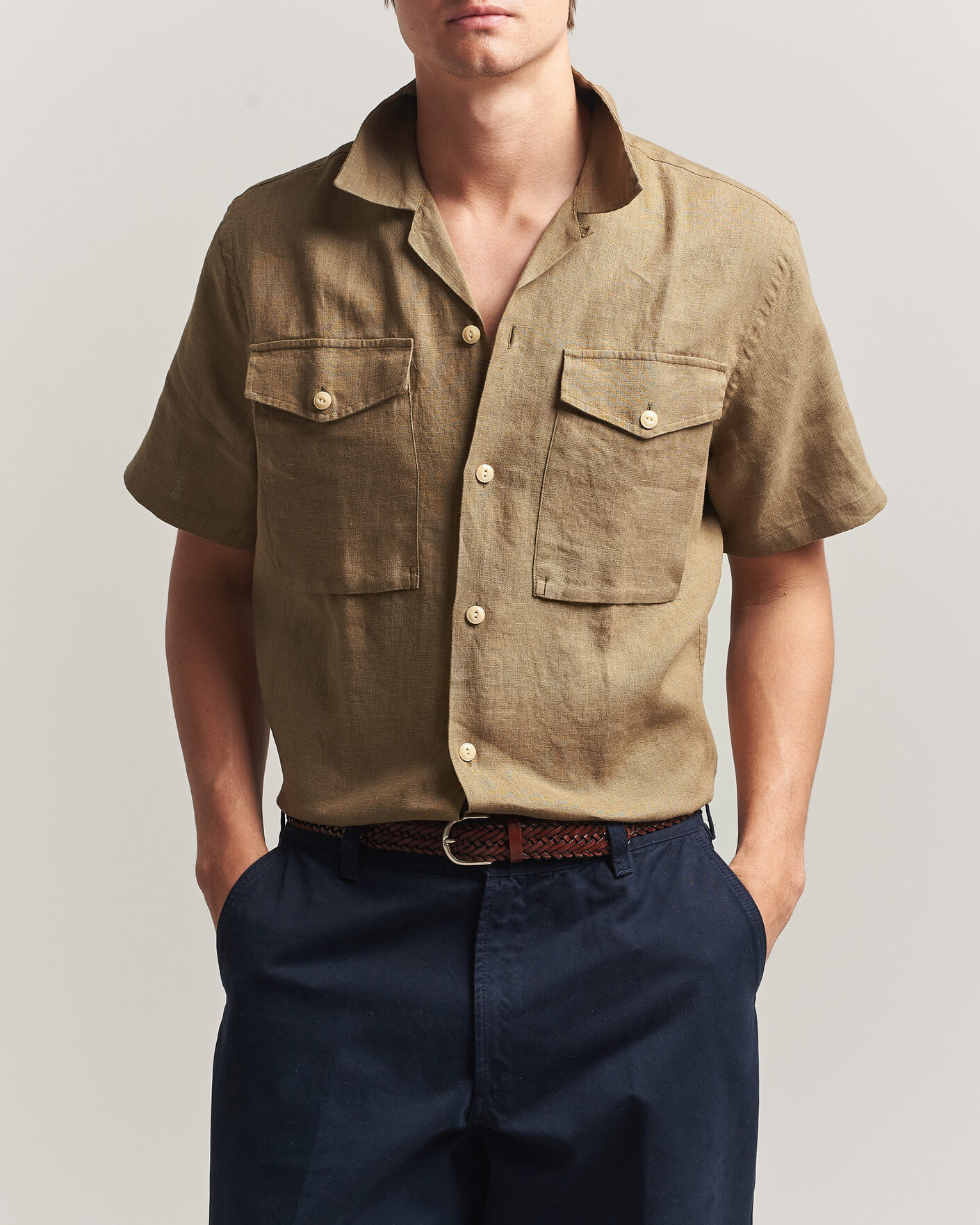 Mies | Kauluspaidat | Drake's | Military Short Sleeve Camp Collar Shirt Khaki