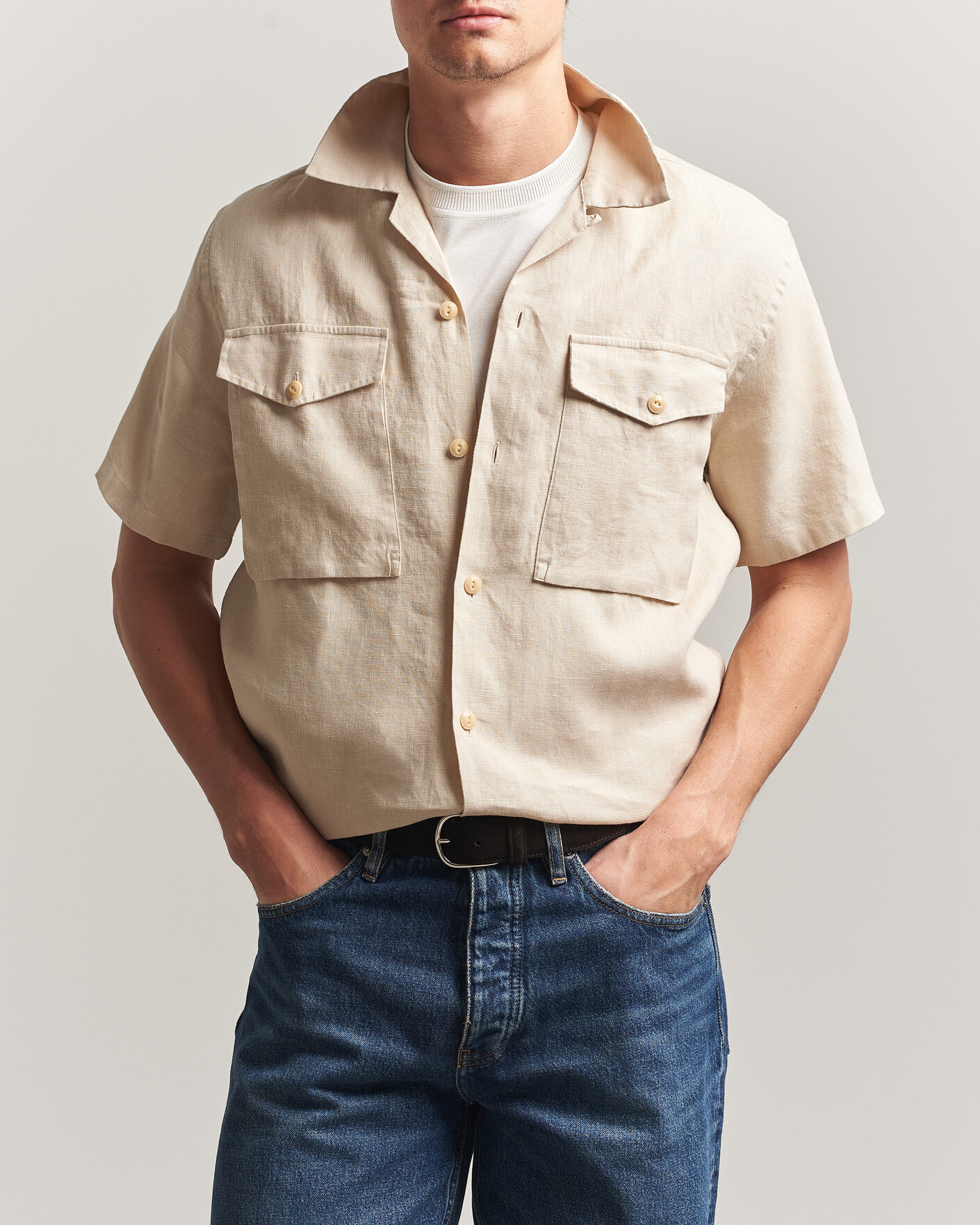Mies | Kauluspaidat | Drake's | Military Short Sleeve Camp Collar Shirt Ecru