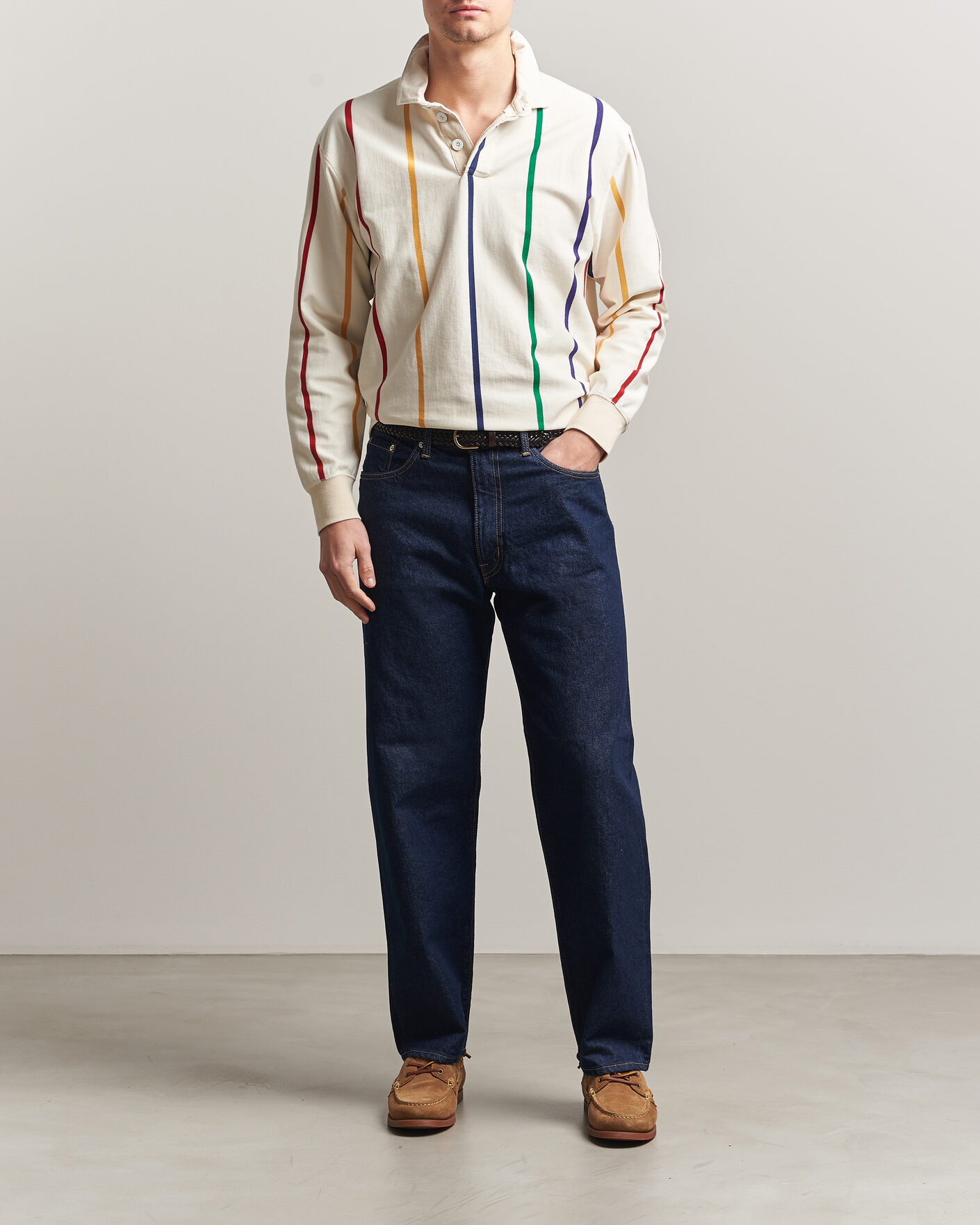 Mies | Puserot | Drake's | Colourful Vertical Stripe Rugby White