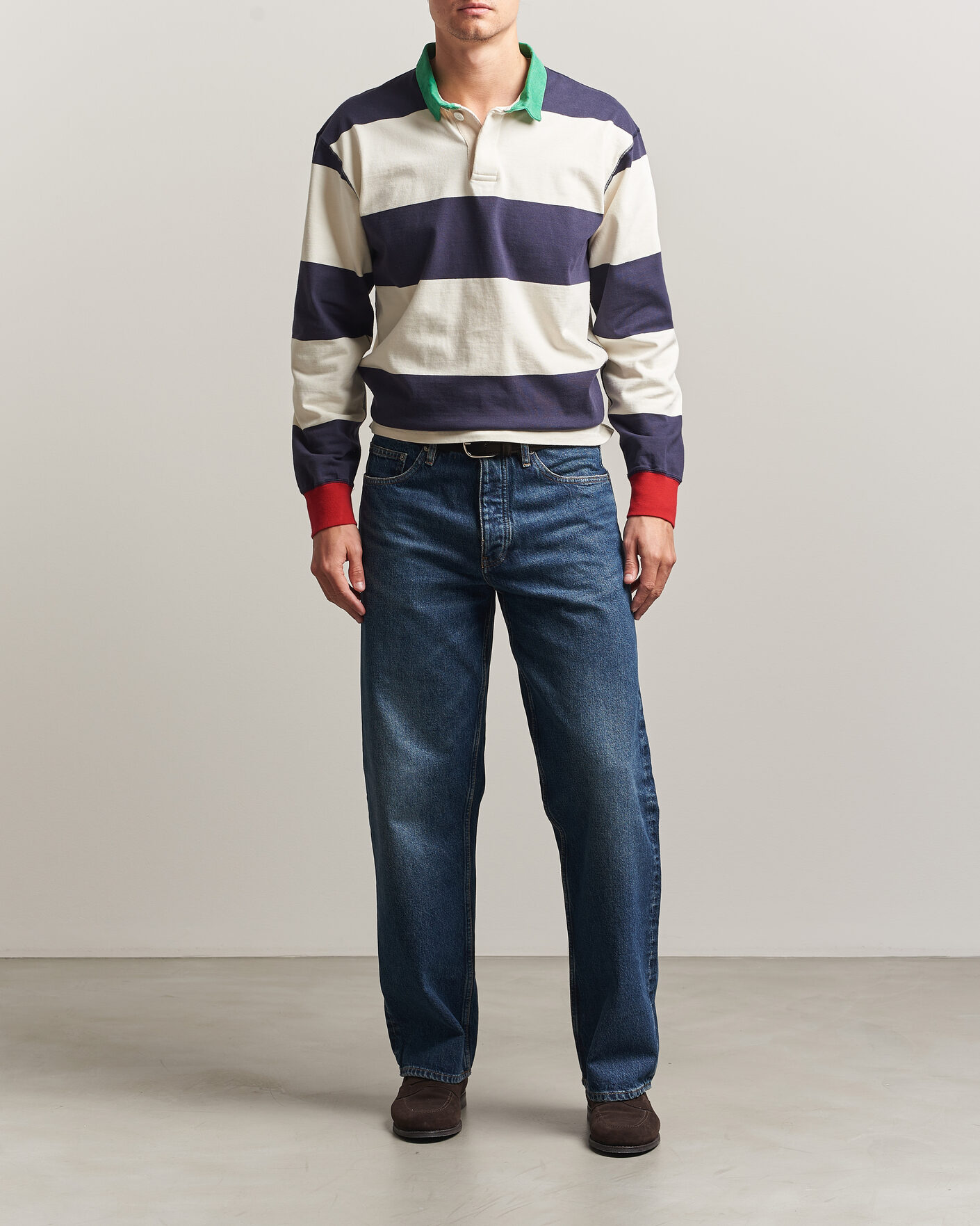 Mies | Puserot | Drake's | Dual Block Stripe Rugby Whie/Navy