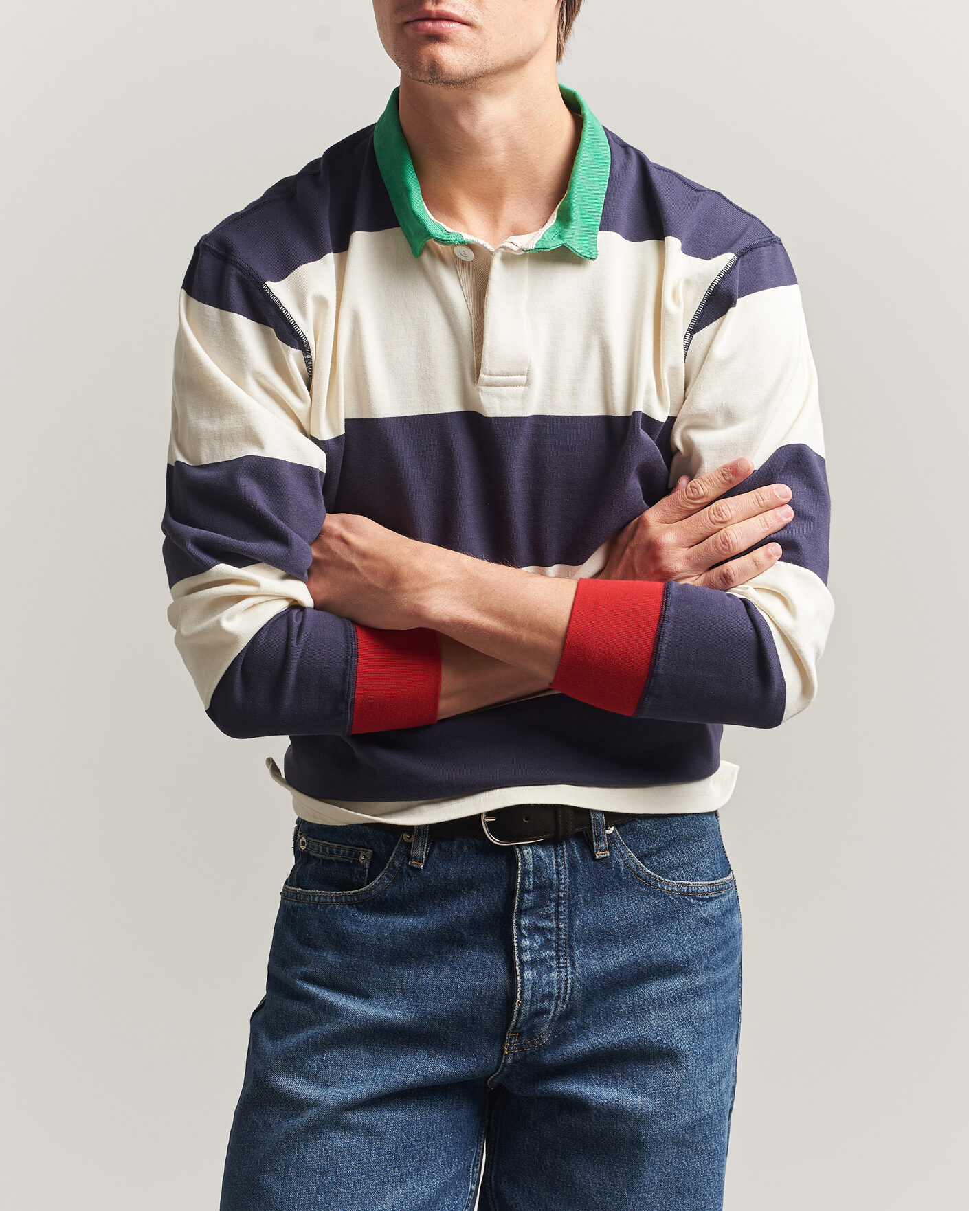 Mies | Puserot | Drake's | Dual Block Stripe Rugby Whie/Navy