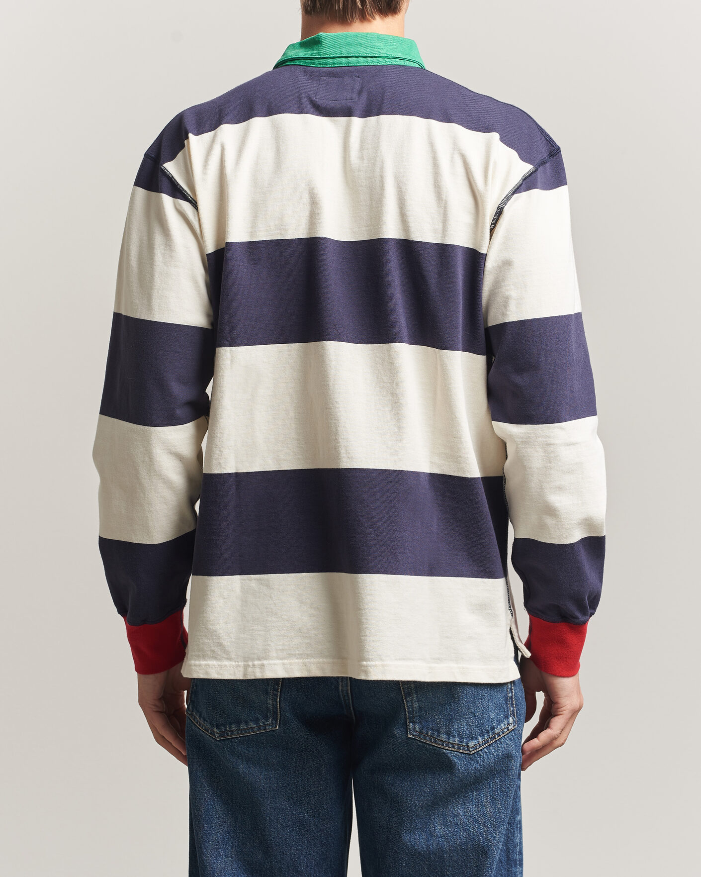 Mies | Puserot | Drake's | Dual Block Stripe Rugby Whie/Navy