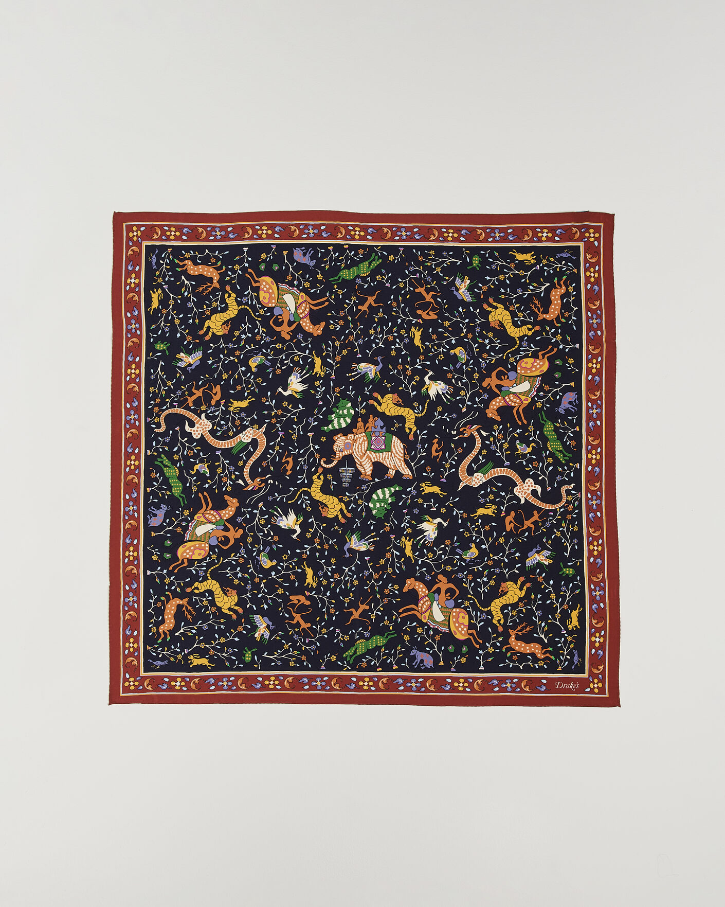 Mies | Huivit | Drake's | Animals And Flowers Print Crepe Silk Bandana Blue