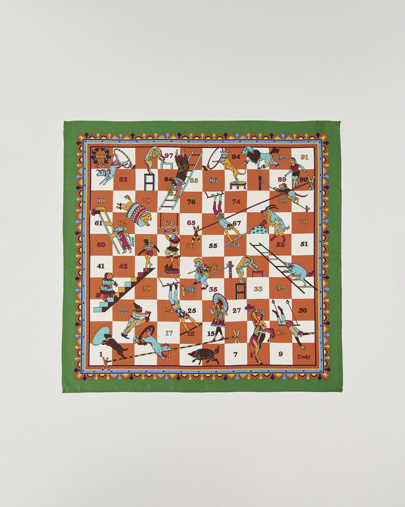 Mies | Huivit | Drake's | Snakes & Ladders Print Crepe Silk Bandana Green