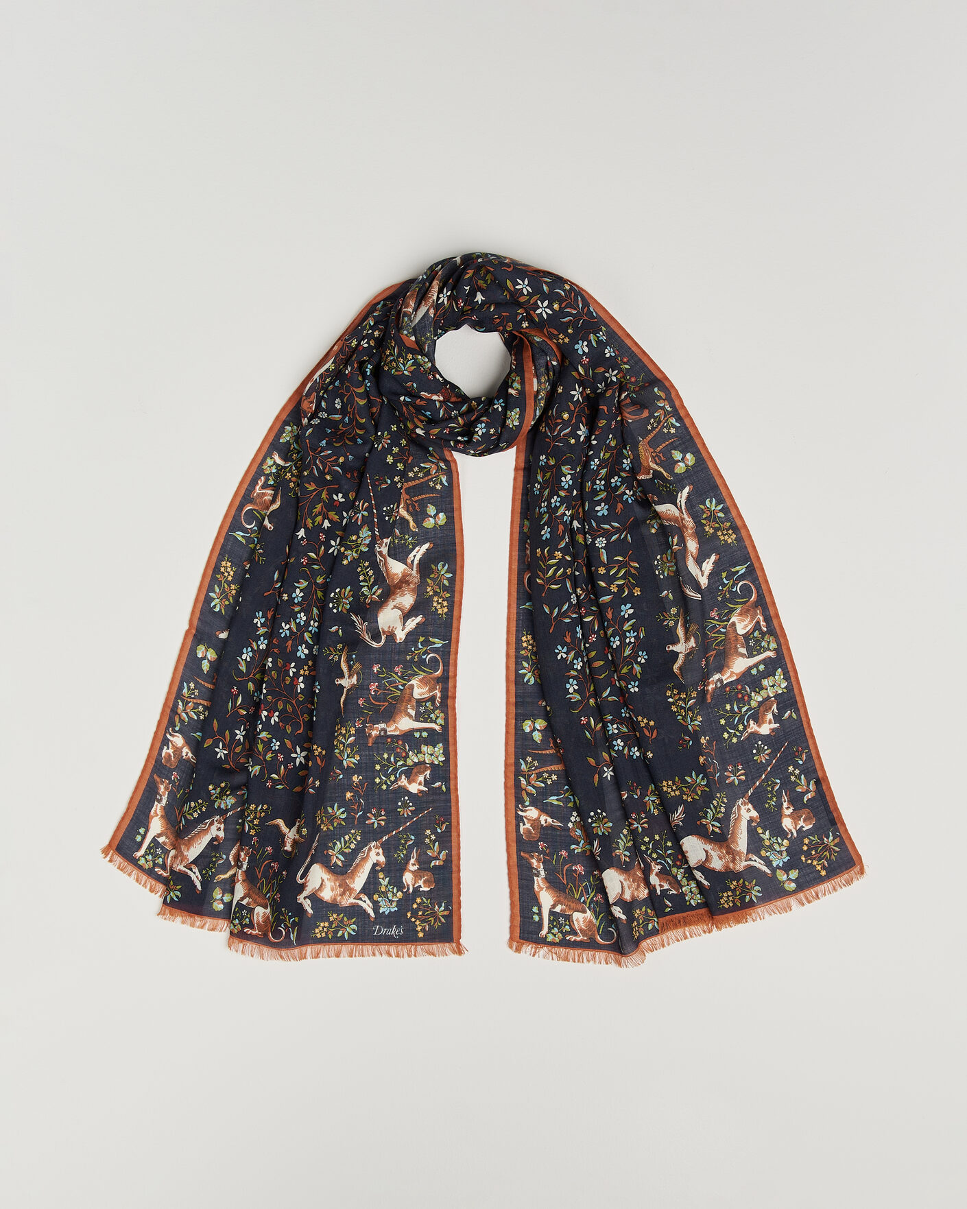 Mies | Huivit | Drake's | Unicorn Garden Wool/Silk Print Scarf Navy