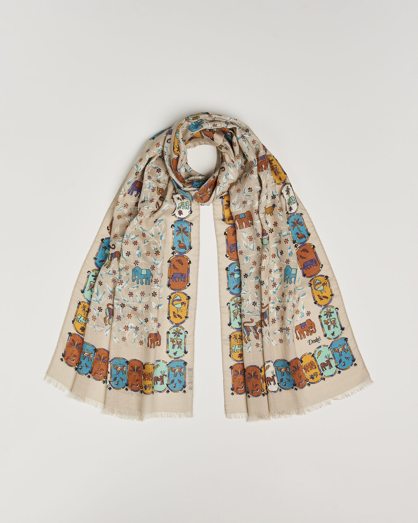 Mies | Drake's Loose Animal Wool/Silk Print Scarf Beige | Drake's | Loose Animal Wool/Silk Print Scarf Beige