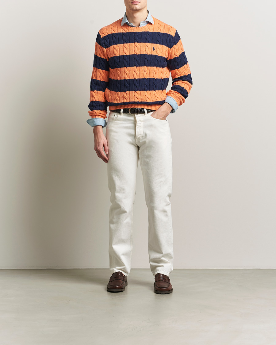Mies | Puserot | Polo Ralph Lauren | Striped Cotton Cable Sweater Orange Navy Combo