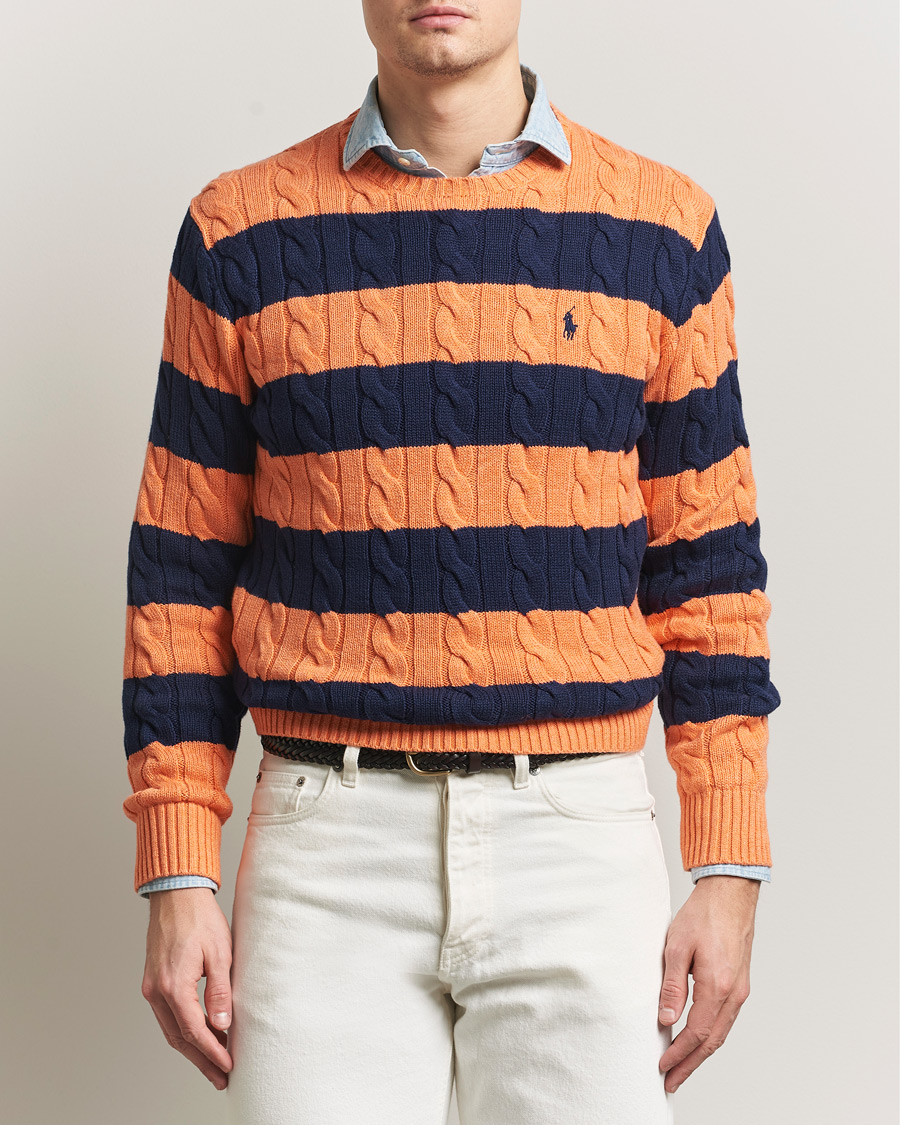 Mies | Puserot | Polo Ralph Lauren | Striped Cotton Cable Sweater Orange Navy Combo