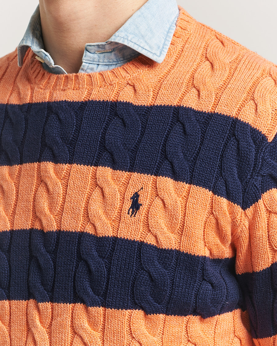 Mies | Puserot | Polo Ralph Lauren | Striped Cotton Cable Sweater Orange Navy Combo