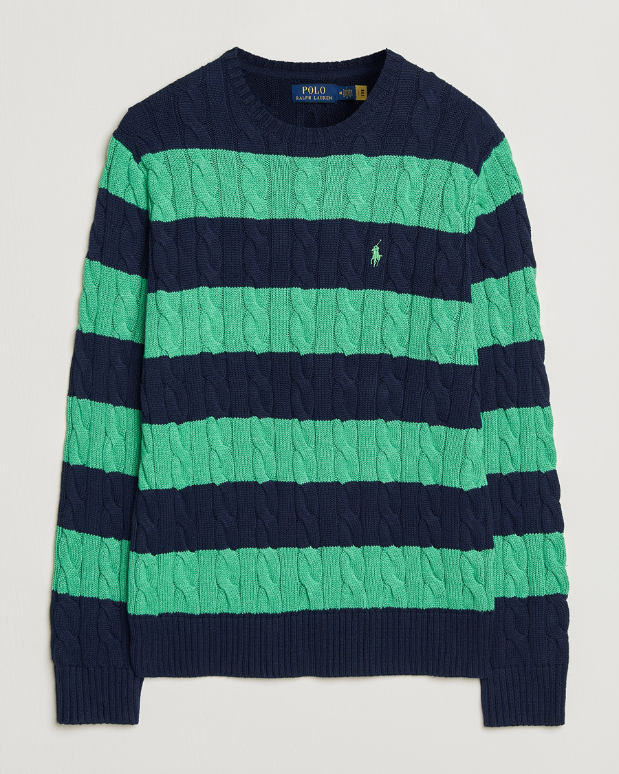 Mies | Puserot | Polo Ralph Lauren | Striped Cotton Cable Sweater Navy Green Combo