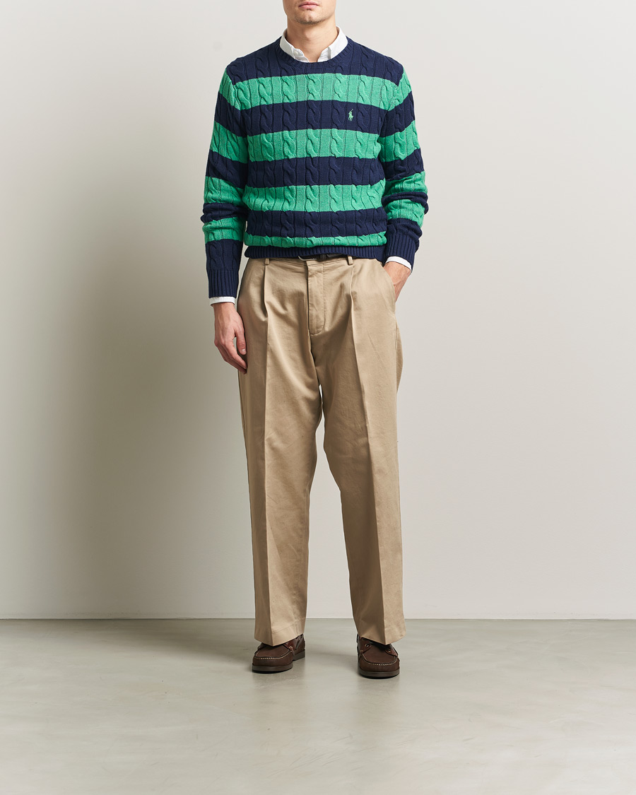 Mies | Puserot | Polo Ralph Lauren | Striped Cotton Cable Sweater Navy Green Combo