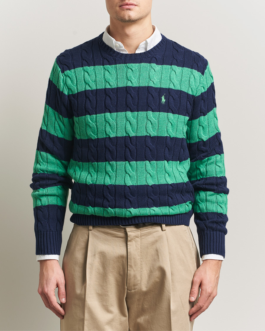 Mies | Puserot | Polo Ralph Lauren | Striped Cotton Cable Sweater Navy Green Combo