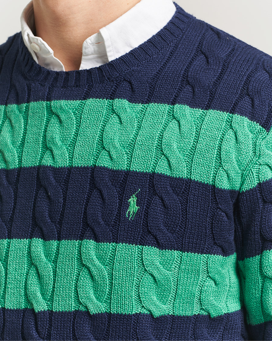 Mies | Puserot | Polo Ralph Lauren | Striped Cotton Cable Sweater Navy Green Combo