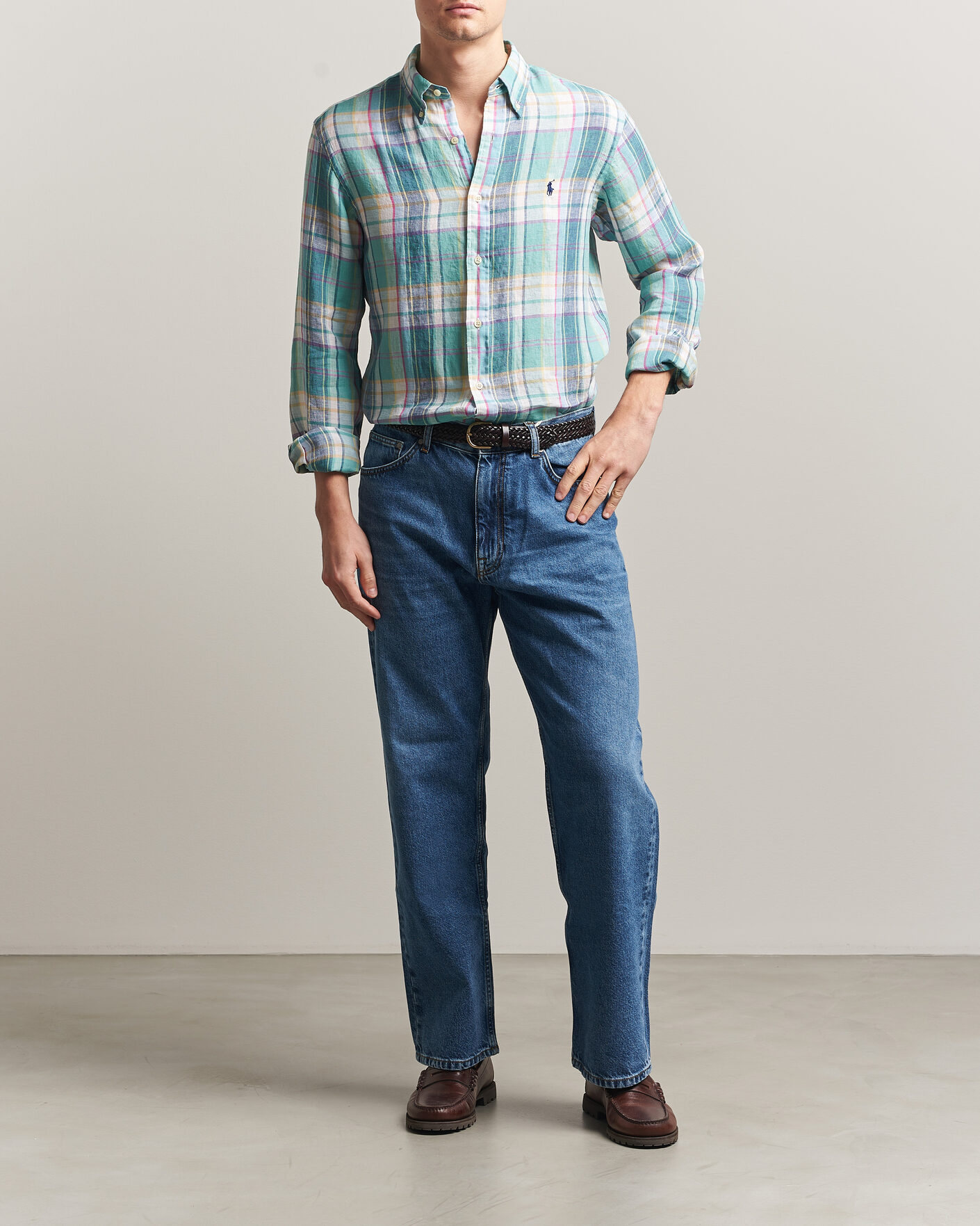 Mies | Kauluspaidat | Polo Ralph Lauren | Custom Fit Check Linen Shirt Green/Blue/White