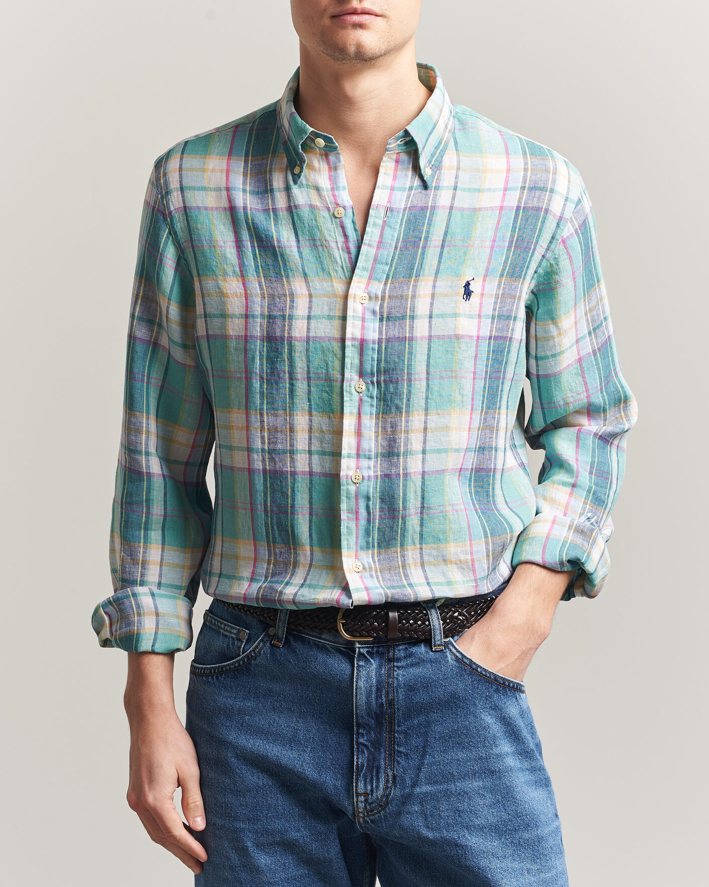 Mies | Kauluspaidat | Polo Ralph Lauren | Custom Fit Check Linen Shirt Green/Blue/White