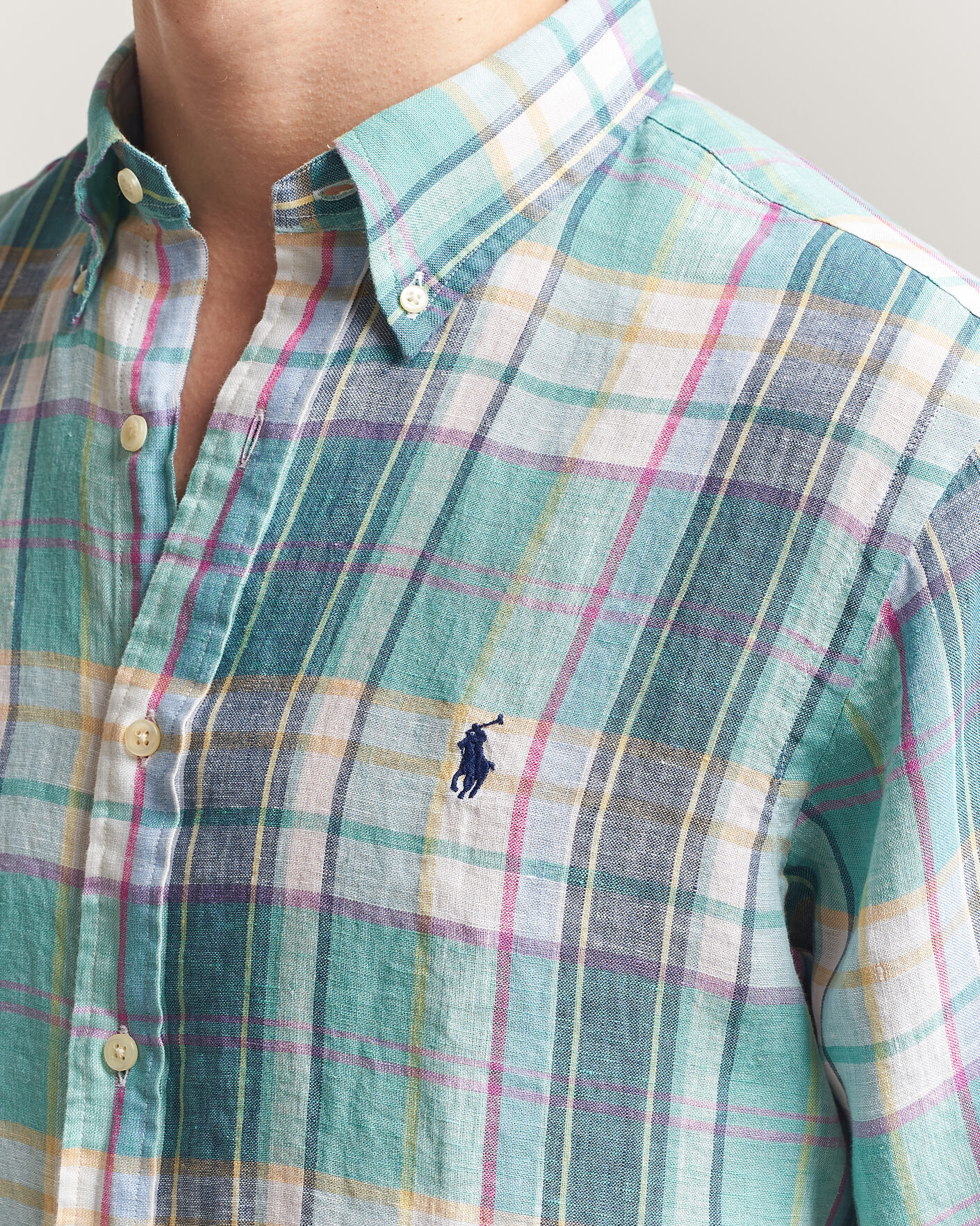 Mies | Kauluspaidat | Polo Ralph Lauren | Custom Fit Check Linen Shirt Green/Blue/White