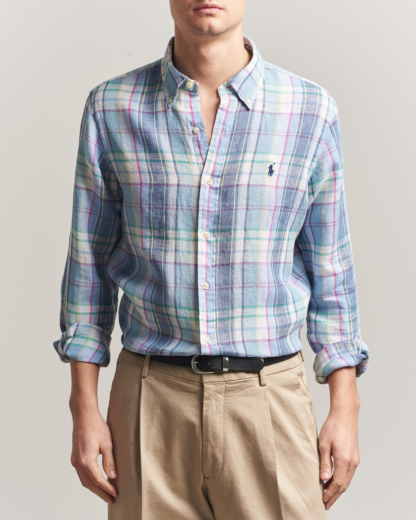 Mies | Kauluspaidat | Polo Ralph Lauren | Custom Fit Check Linen Shirt Blue/White