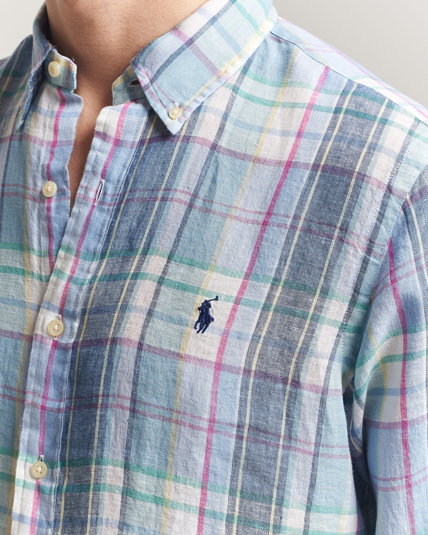 Mies | Kauluspaidat | Polo Ralph Lauren | Custom Fit Check Linen Shirt Blue/White