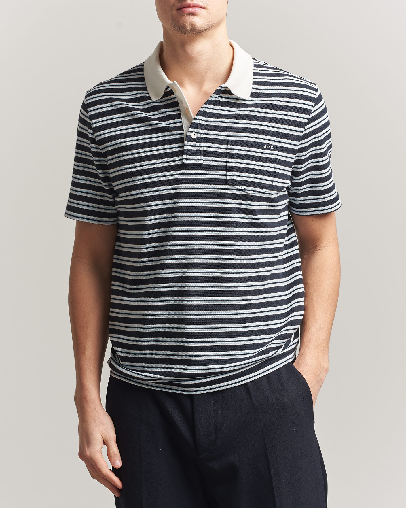 Mies | Pikeet | A.P.C. | Oscar Striped Polo Dark Navy