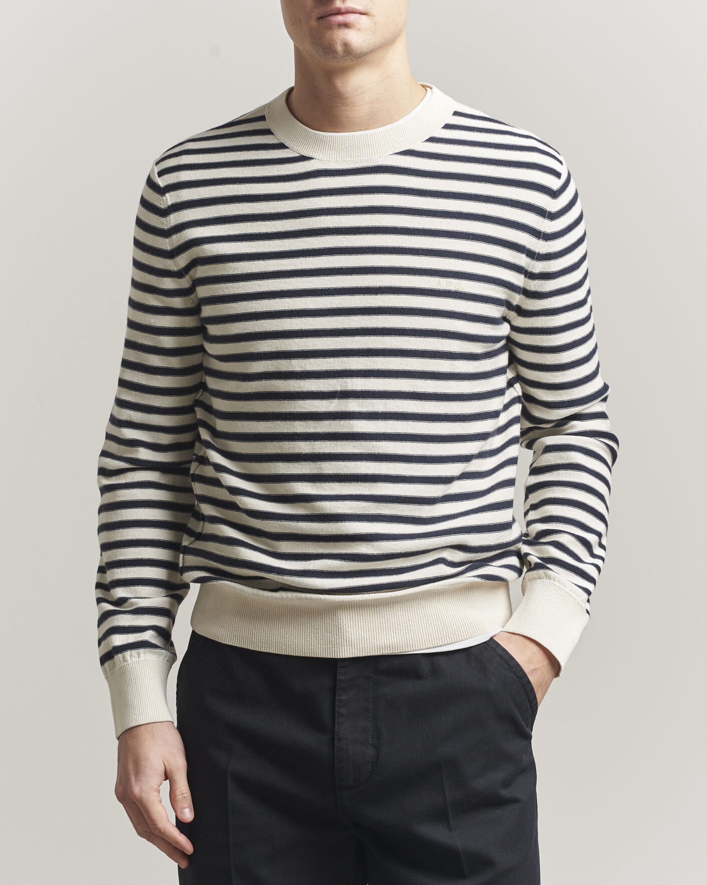 Mies | Puserot | A.P.C. | Paul Striped Knitted Sweater Ecru/Dark Navy